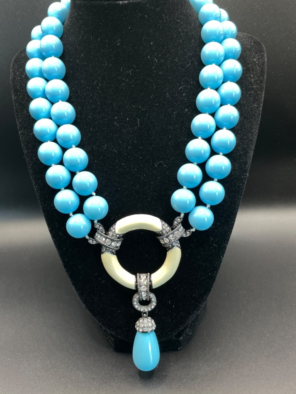 Chunky Double Strand Glass Turquoise Color Beaded Statement Necklace